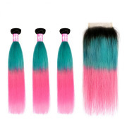 #T 1B/Green/Pink Straight Ombre Colored Hair Bundles With Lace Closure 4X4 JCXT-404