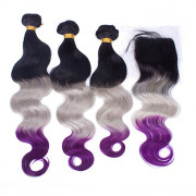 #T 1B/Grey/Purple Body Wave Ombre Colored Hair Bundles With Lace Closure 4X4 JCXT-407