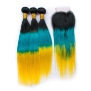 #T 1B/Light Blue/Yellow Straight Ombre Colored Hair Bundles With Lace Closure 4X4 JCXT-408