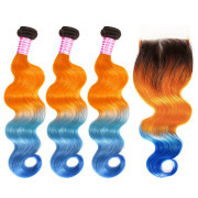 #T 1B/Orange/Blue Body Wave Ombre Colored Hair Bundles With Lace Closure 4X4 JCXT-403
