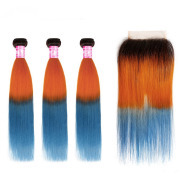#T 1B/Orange/Blue Straight Ombre Colored Hair Bundles With Lace Closure 4X4 JCXT-402
