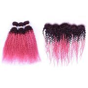 #T 1B/Pink Kinky Curly Ombre Colored Hair Weaves With Lace Frontal 13X4 JCXT-435