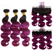 #T 1B/Purple Body Wave Remy Human Hair Weave With Lace Frontal 13x4 JCXT-432