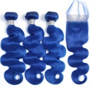 Blue Body Wave Pure Colored Hair Bundles With Lace Closure 4X4 JCXT-410