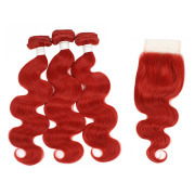 Dark Red Body Wave Pure Colored Hair Bundles With Lace Closure 4X4 JCXT-443