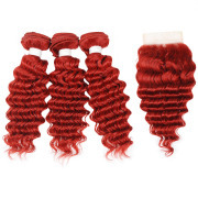 Dark Red Deep Wave Pure Colored Hair Bundles With Lace Closure 4X4 JCXT-444