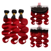 #T 1B/Dark Red Body Wave Ombre Colored Hair Weaves With Lace Frontal 13X4 JCXT-449