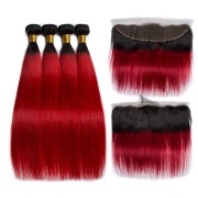 #T 1B/Dark Red Straight Ombre Colored Hair Weaves With Lace Frontal 13X4 JCXT-448