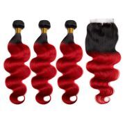 #T 1B/Dark Red Body Wave Ombre Colored Hair Bundles With Lace Closure 4X4 JCXT-447