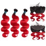 #T 1B/Red Body Wave Ombre Colored Hair Weaves With Lace Frontal 13X4 JCXT-284