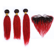 #T 1B/Red Kinky Curly Ombre Colored Hair Weaves With Lace Frontal 13X4 JCXT-358