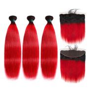 #T 1B/Red Straight Ombre Colored Hair Weaves With Lace Frontal 13X4 JCXT-285