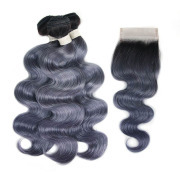 #T 1B/Dark Grey Body Wave Ombre Colored Hair Bundles With Lace Closure 4X4 JCXT-450