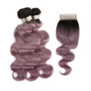 #T 1B/Purple Grey Body Wave Ombre Colored Hair Bundles With Lace Closure 4X4 JCXT-377