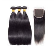 Straight Natural Black Hair Bundles With Lace Closure 4X4 JCXT-08