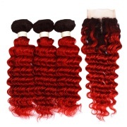 #T 1B/Dark Red Deep Wave Ombre Colored Hair Bundles With Lace Closure 4X4 JCXT-445