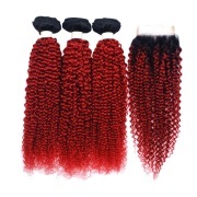 #T 1B/Dark Red Kinky Curly Ombre Colored Hair Bundles With Lace Closure 4X4 JCXT-451