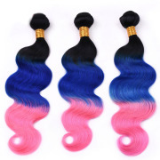 #T 1B/Blue/Pink Body Wave Three Tone Hair Bundles Remy Human Hair Weft XTHW-241