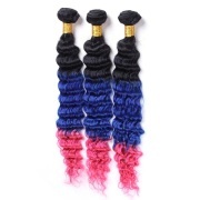 #T 1B/Blue/Pink Deep Wave Three Tone Hair Bundles Remy Human Hair Weft XTHW-243