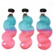 #T 1B/Light Blue/Pink Body Wave Three Tone Hair Bundles Remy Human Hair Weft XTHW-246