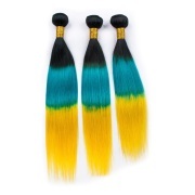 #T 1B/Light Blue/Yellow Straight Three Tone Hair Bundles Remy Human Hair Weft XTHW-234