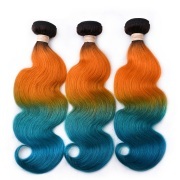 #T 1B/Orange/Green Body Wave Three Tone Hair Bundles Remy Human Hair Weft XTHW-237