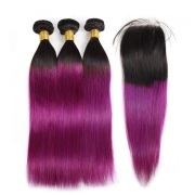 #T 1B/Purple Straight Ombre Colored Hair Bundles With Lace Closure 4X4 JCXT-364