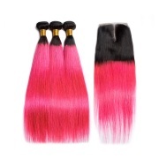 #T 1B/Dark Pink Straight Ombre Colored Hair Bundles With Lace Closure 4X4 JCXT-422