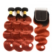 #T 1B/Ginger Orange Body Wave Ombre Colored Hair Bundles With Lace Closure 4X4 JCXT-276