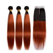 #T 1B/Ginger Orange Straight Ombre Colored Hair Bundles With Lace Closure 4X4 JCXT-59