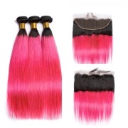 #T 1B/Dark Pink Straight Ombre Colored Hair Weaves With Lace Frontal 13X4 JCXT-426