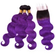 #T 1B/Purple Body Wave Ombre Colored Hair Bundles With Lace Closure 4X4 JCXT-88