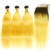 #T 1B/Yellow Straight Ombre Colored Hair Bundles With Lace Closure 4X4 JCXT-413