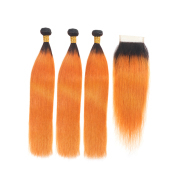 #T 1B/Orange Straight Ombre Colored Hair Bundles With Lace Closure 4X4 JCXT-379