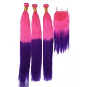 Pink/Purple Straight Ombre Colored Hair Bundles With Lace Closure 4X4 JCXT-453