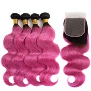 #T 1B/Pink Body Wave Ombre Colored Hair Bundles With Lace Closure 4X4 JCXT-169