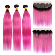 #T 1B/Pink Straight Ombre Colored Hair Weaves With Lace Frontal 13X4 JCXT-457