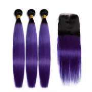 #T 1B/Purple Straight Ombre Colored Hair Bundles With Lace Closure 4X4 JCXT-455