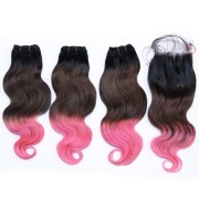 #T 1B/4/Pink Body Wave Ombre Colored Hair Bundles With Lace Closure 4X4 JCXT-406