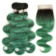 #T 1B/Green Body Wave Ombre Colored Hair Bundles With Lace Closure 4X4 JCXT-459