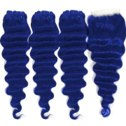 Blue Loose Deep Wave Pure Colored Hair Bundles With Lace Closure 4X4 JCXT-463