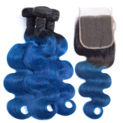 #T 1B/Blue Body Wave Ombre Colored Hair Bundles With Lace Closure 4X4 JCXT-399