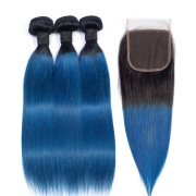#T 1B/Blue Straight Ombre Colored Hair Bundles With Lace Closure 4X4 JCXT-385