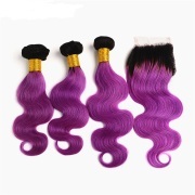 #T 1B/Purple Straight Ombre Colored Hair Bundles With Lace Closure 4X4 JCXT-398