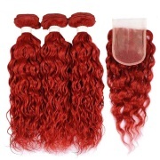 Dark Red Water Wave Pure Colored Hair Bundles With Lace Closure 4X4 JCXT-421