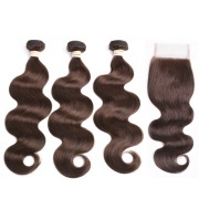 #4 Medium Brown Body Wave Pure Colored Hair Bundles With Lace Closure 4X4 JCXT-188