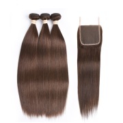 #4 Medium Brown Straight Pure Colored Hair Bundles With Lace Closure 4X4 JCXT-187