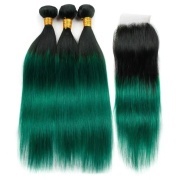#T 1B/Dark Green Straight Ombre Colored Hair Bundles With Lace Closure 4X4 JCXT-140