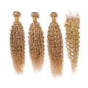 #27 Honey Blonde Kinky Curly Pure Colored Hair Bundles With Lace Closure 4X4 JCXT-277