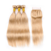 #27 Honey Blonde Straight Pure Colored Hair Bundles With Lace Closure 4X4 JCXT-69